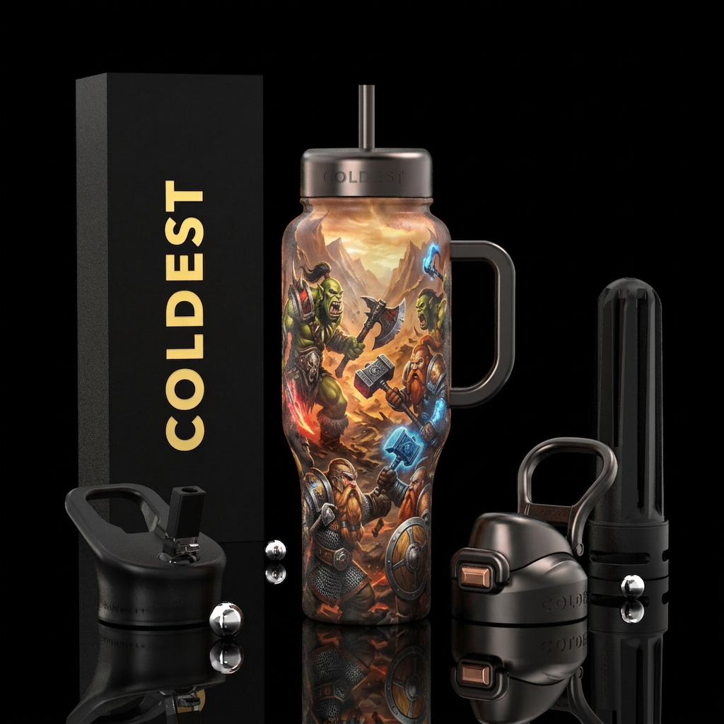 world of warcraft ish scene, Orcs, dwarves in batt... water bottle design