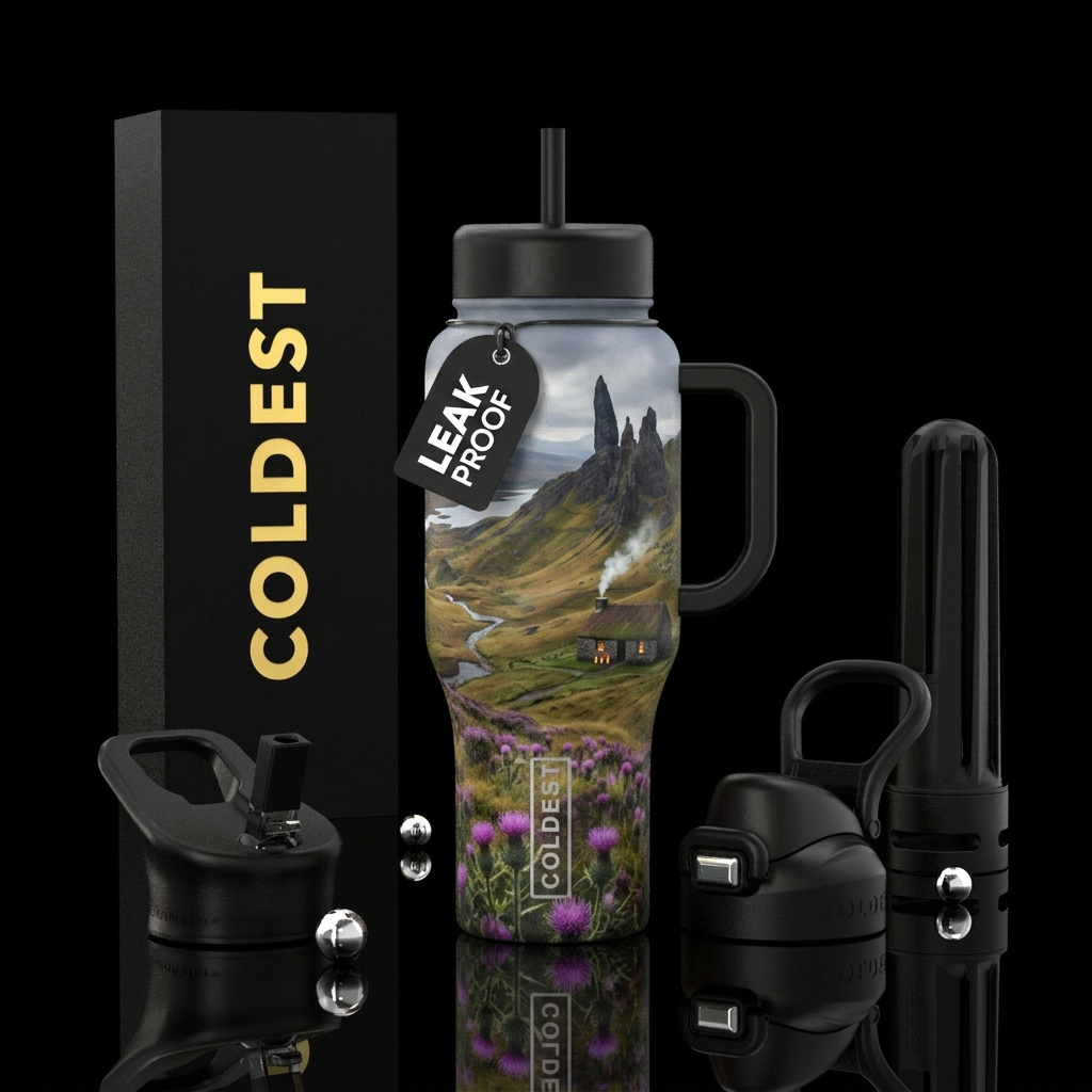 Scottish highlands with thistles, the old man of s... water bottle design