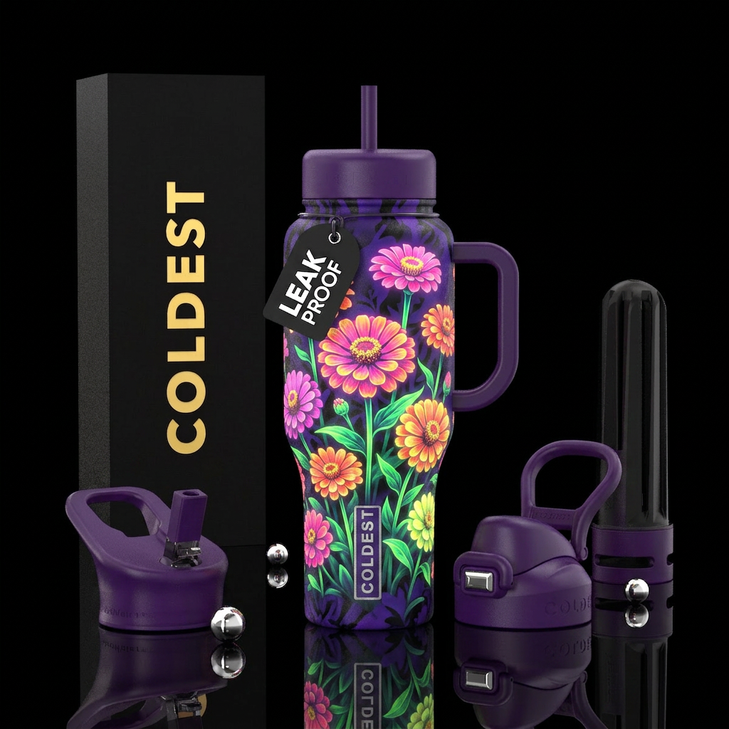 flourescent, glowie zinnia's, black and dark purpl... water bottle design