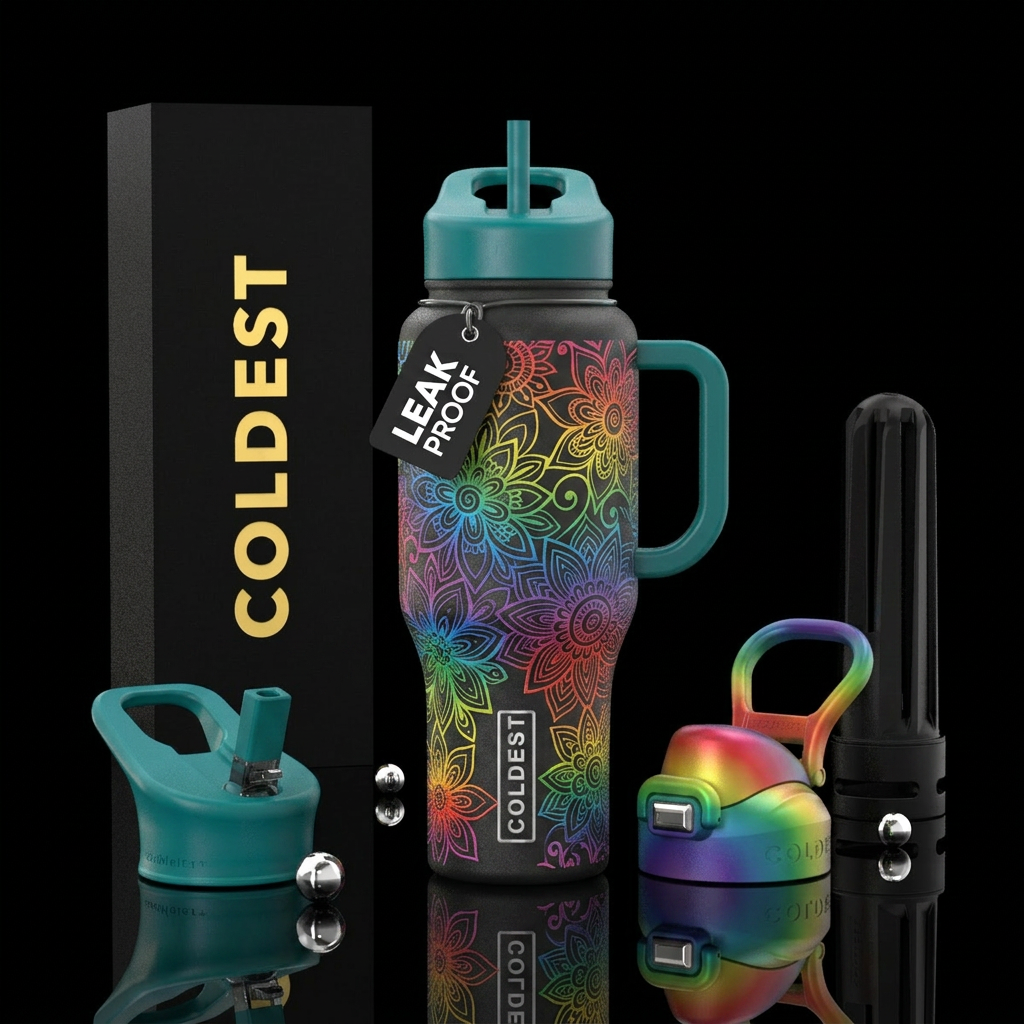 colored zentangle flowers water bottle design