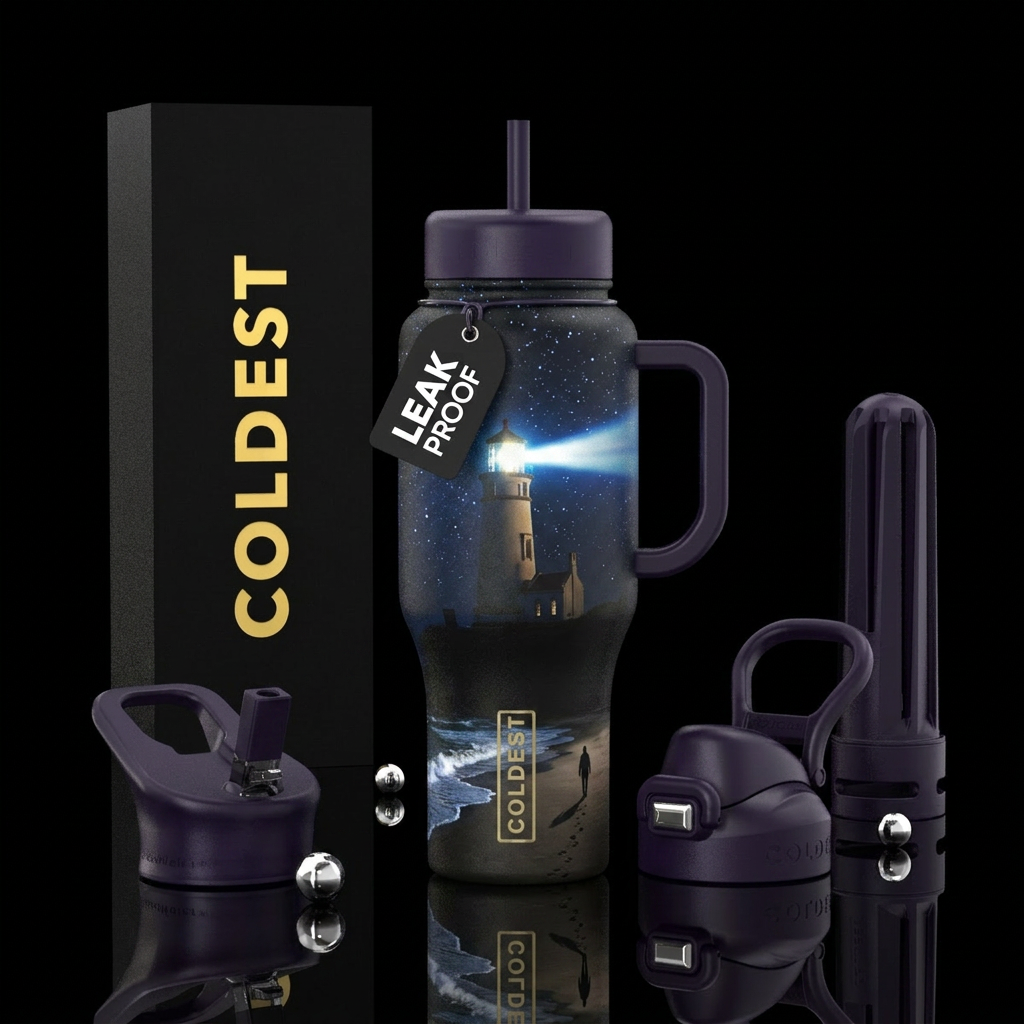 Heceta head lighthouse at night.  crashing waves h... water bottle design