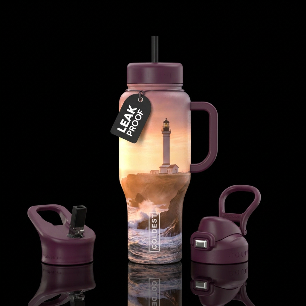 point arena lighthouse .  sunsets over the ocean m... water bottle design