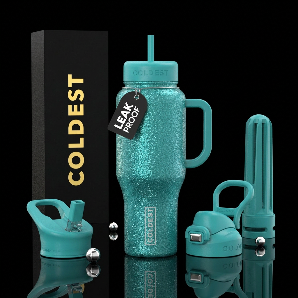 Teal glitter water bottle design