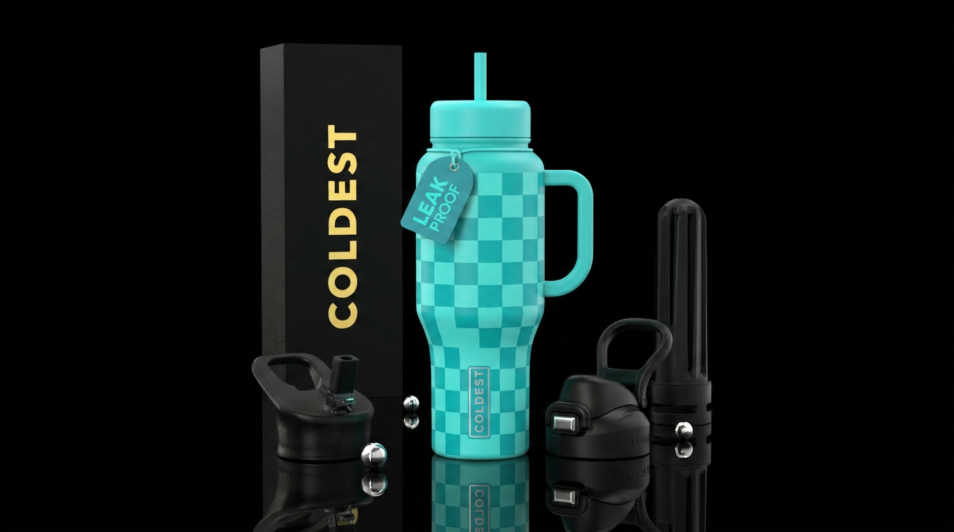 Turquoise checkered water bottle design