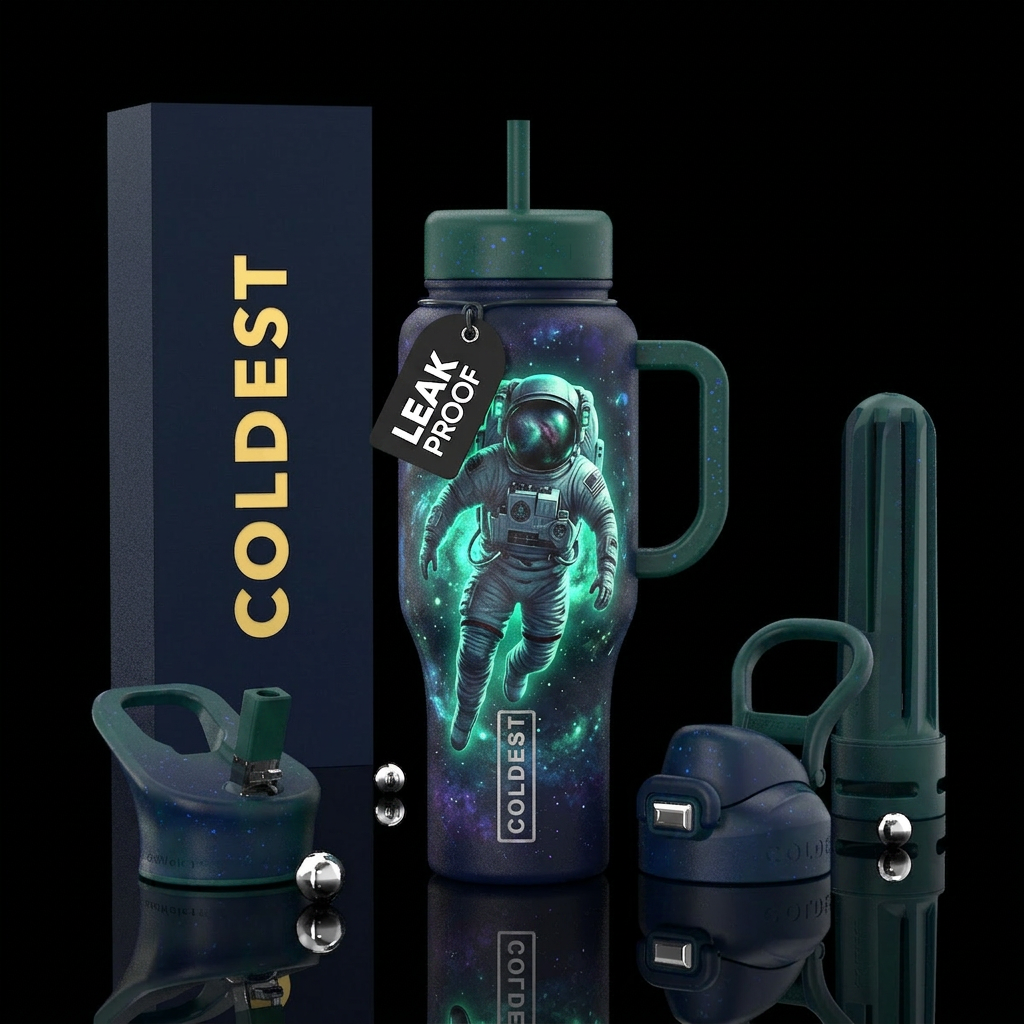 Glow in the dark astronaut water bottle design