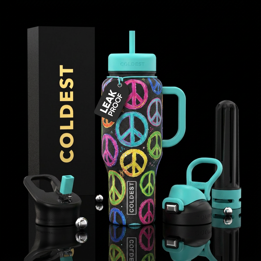 Colorful peace signs water bottle design