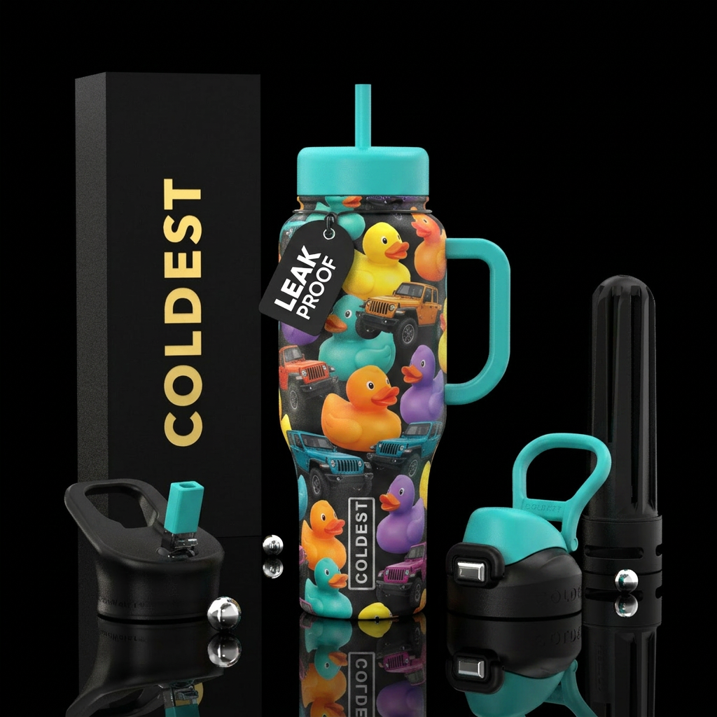 Different color rubber duckies and jeeps water bottle design