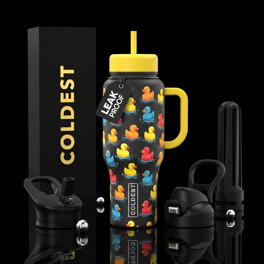 Colorful rubber duckies water bottle design