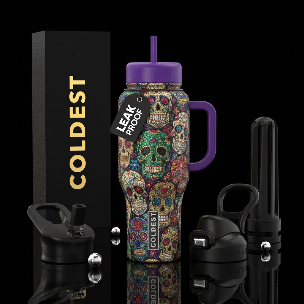 Glitter sugar skulls water bottle design