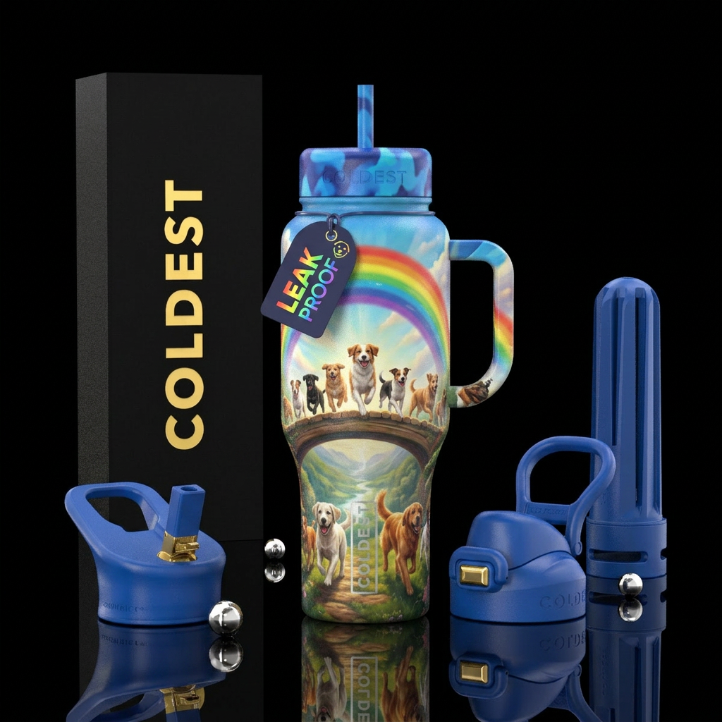 Rainbow bridge with dogs water bottle design