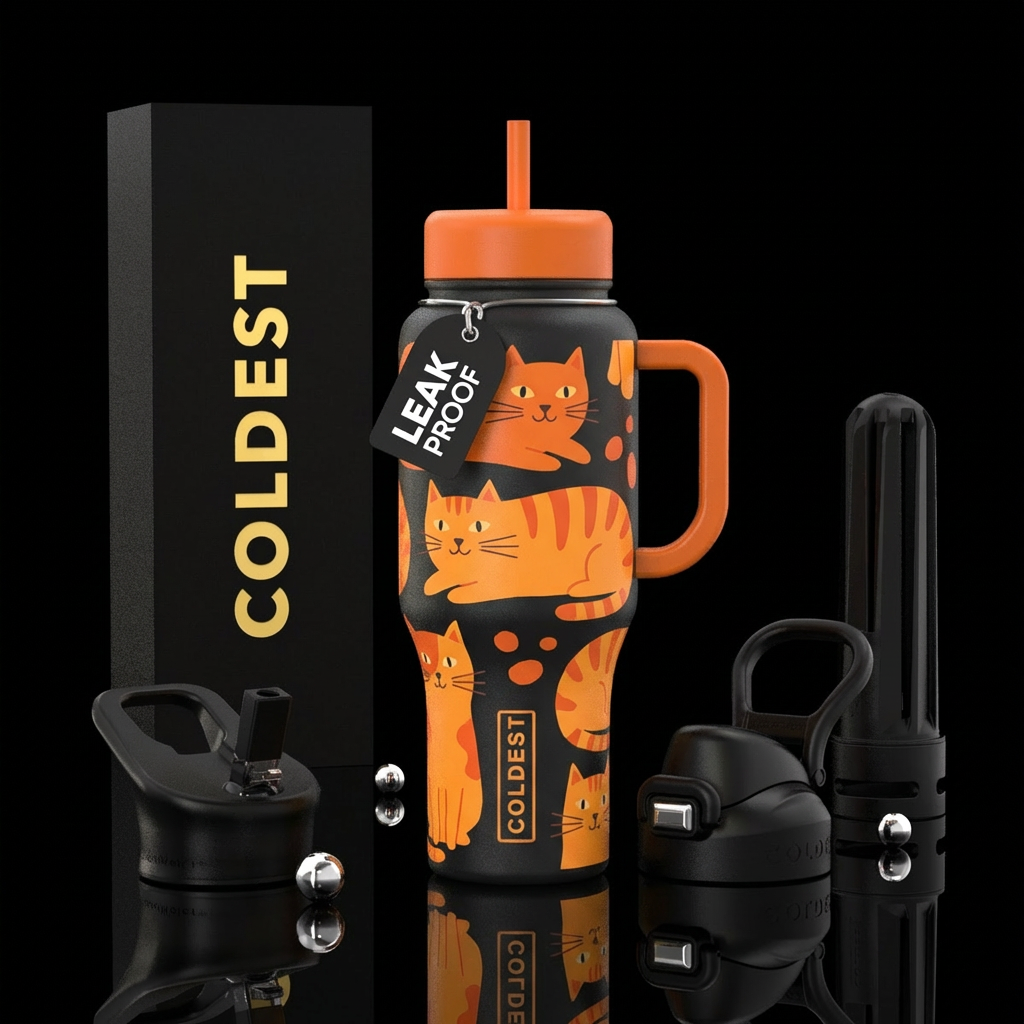 cat, orange water bottle design