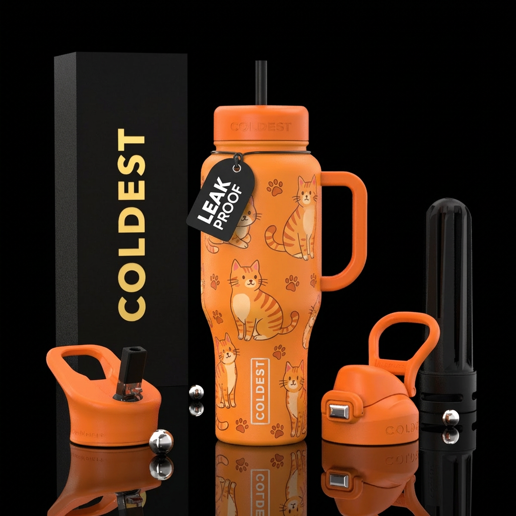 cat, orange water bottle design