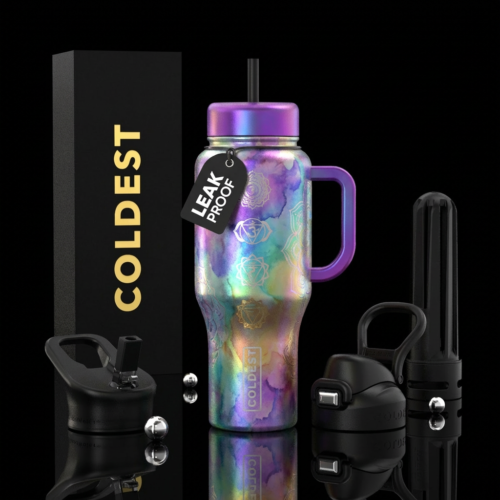 spiritual,, irridescent, watercolor water bottle design