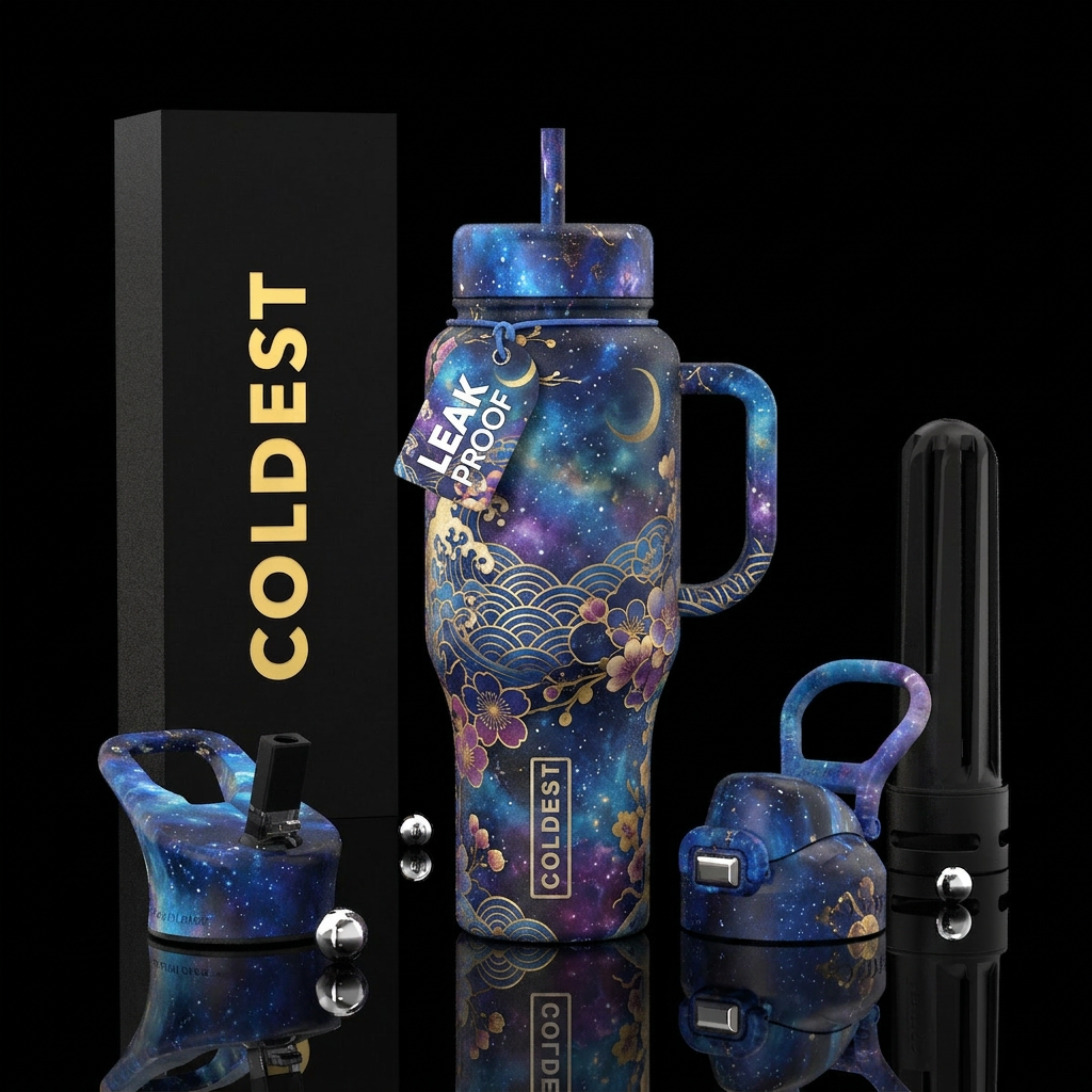 dramatic, celestial, japanese, floral water bottle design