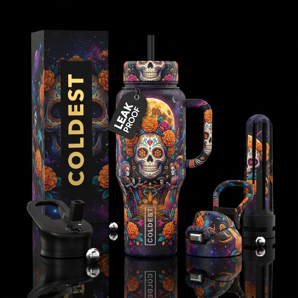 otherworldly, realism, dia de los muertos, harvest... water bottle design