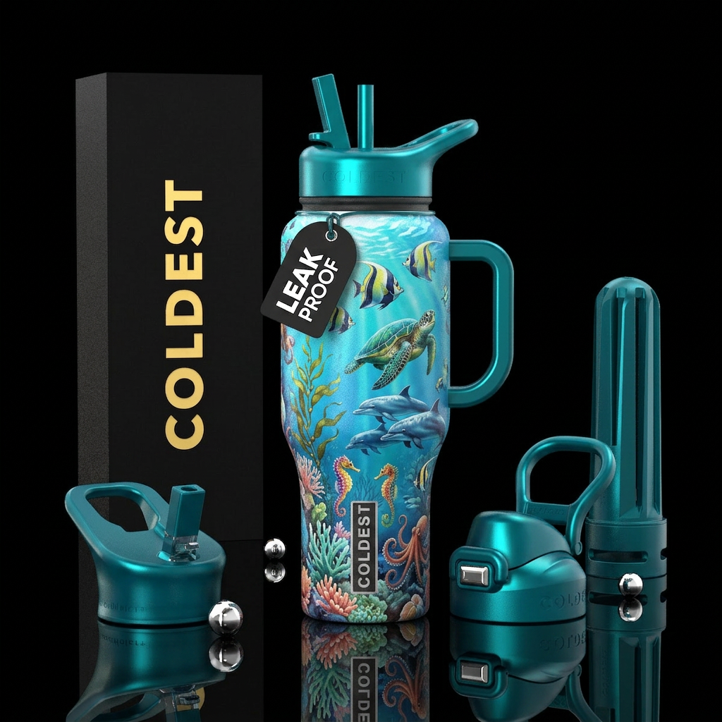 tropical flowers, deep sea, angelfish, starfish, c... water bottle design