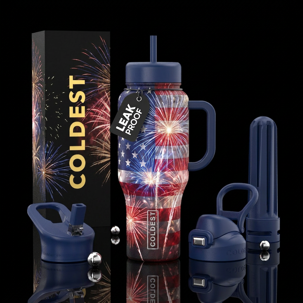 festival, fireworks, USA flag water bottle design