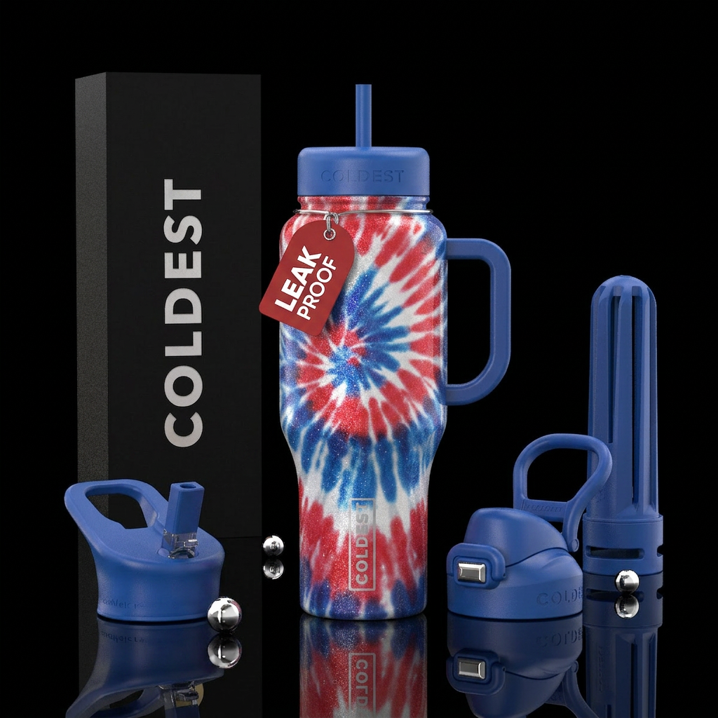 shimmer, tie dye, red, white, blue water bottle design