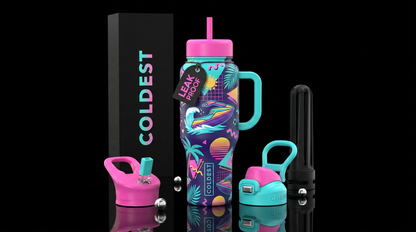 retro 80s, turquoise,pink, jet skiing, tropical water bottle design