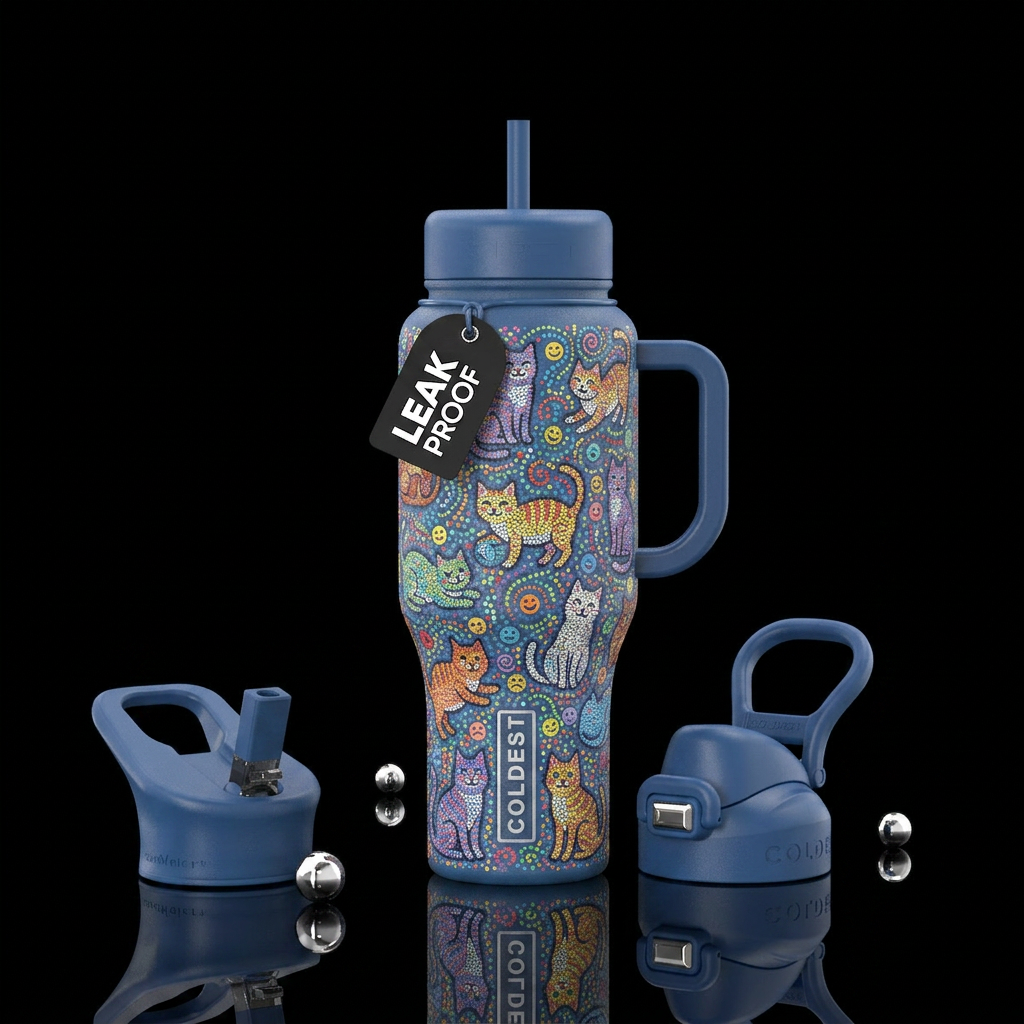 whimsical cats, happy mood, pointillism water bottle design