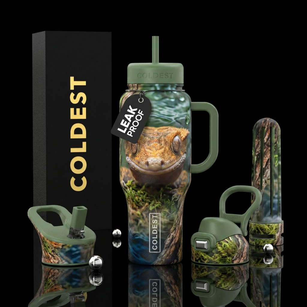 Crested Gecko focus on face faded soft moss and ba... water bottle design