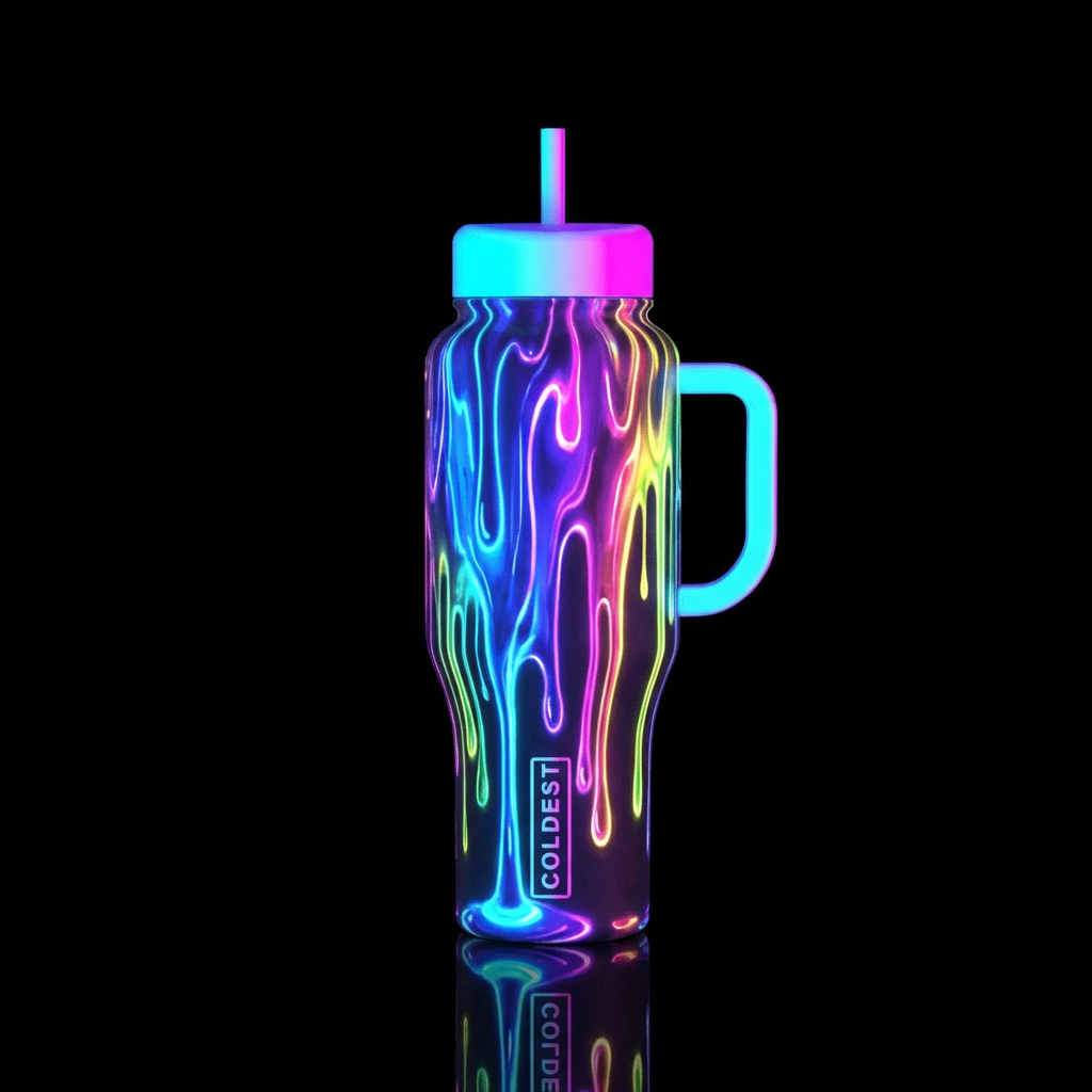neon, magic, dripping water bottle design