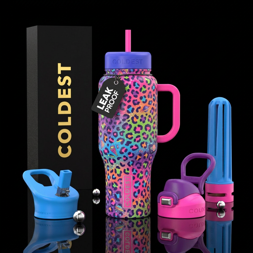 Lisa Frank cheetah print water bottle design
