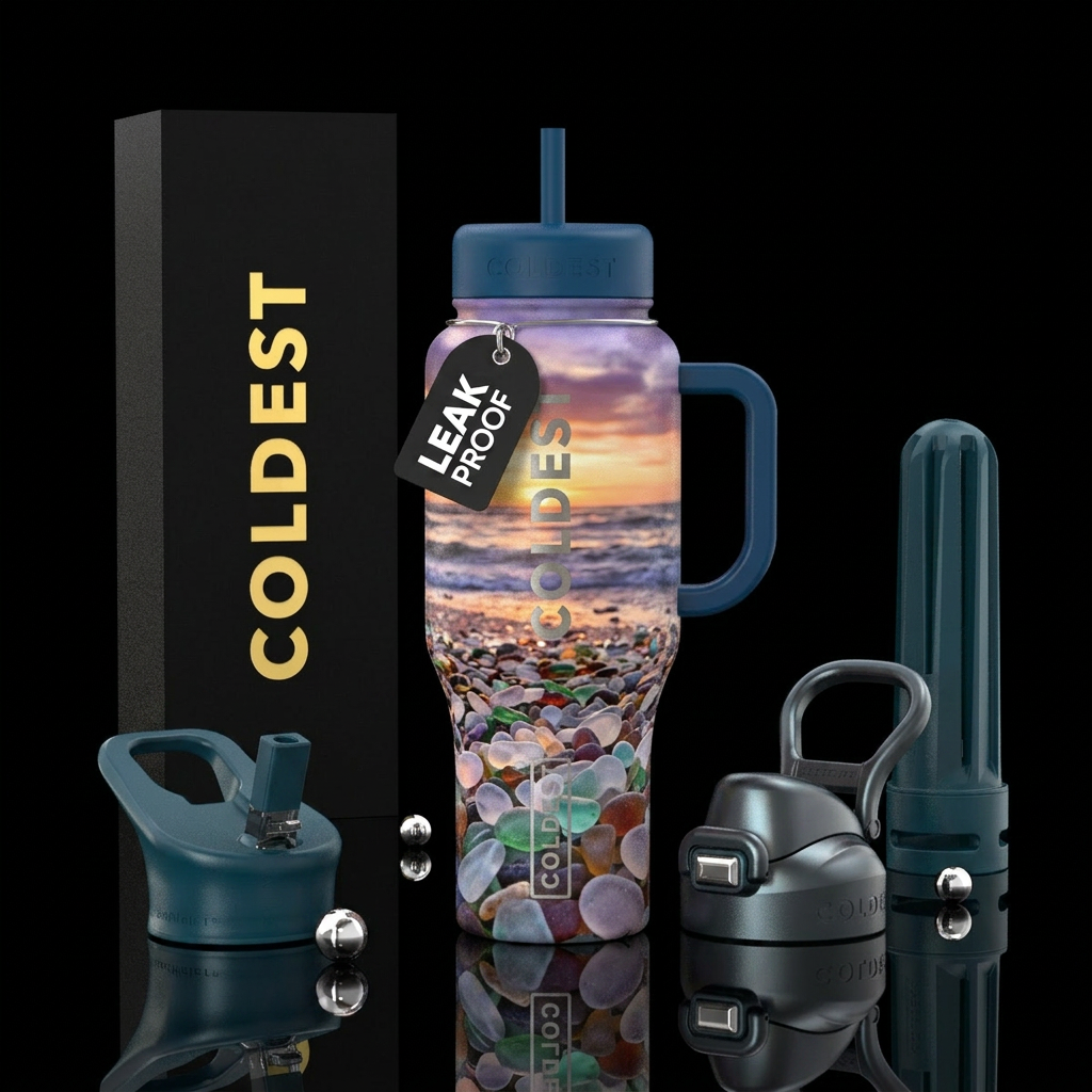 Glass beach at sunset water bottle design