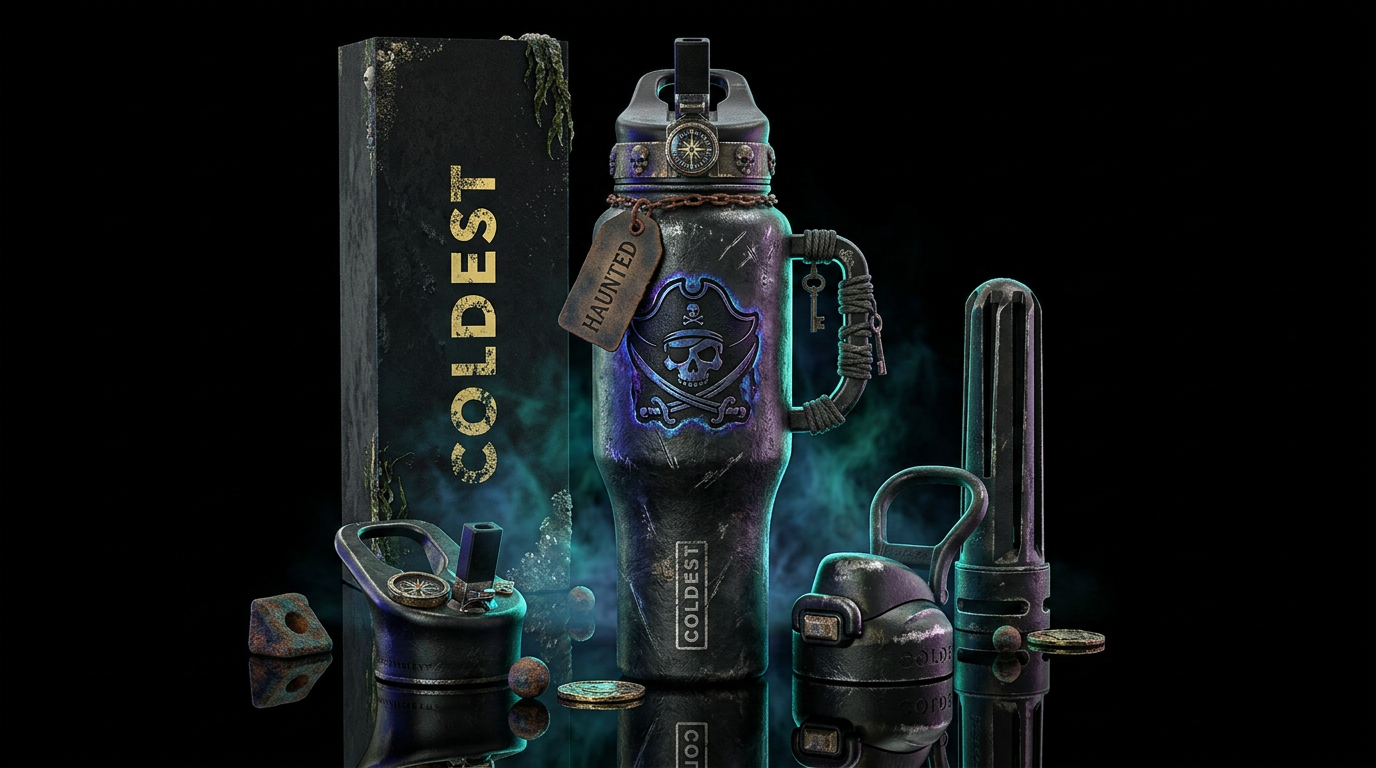 pirate, rugged, haunted water bottle design
