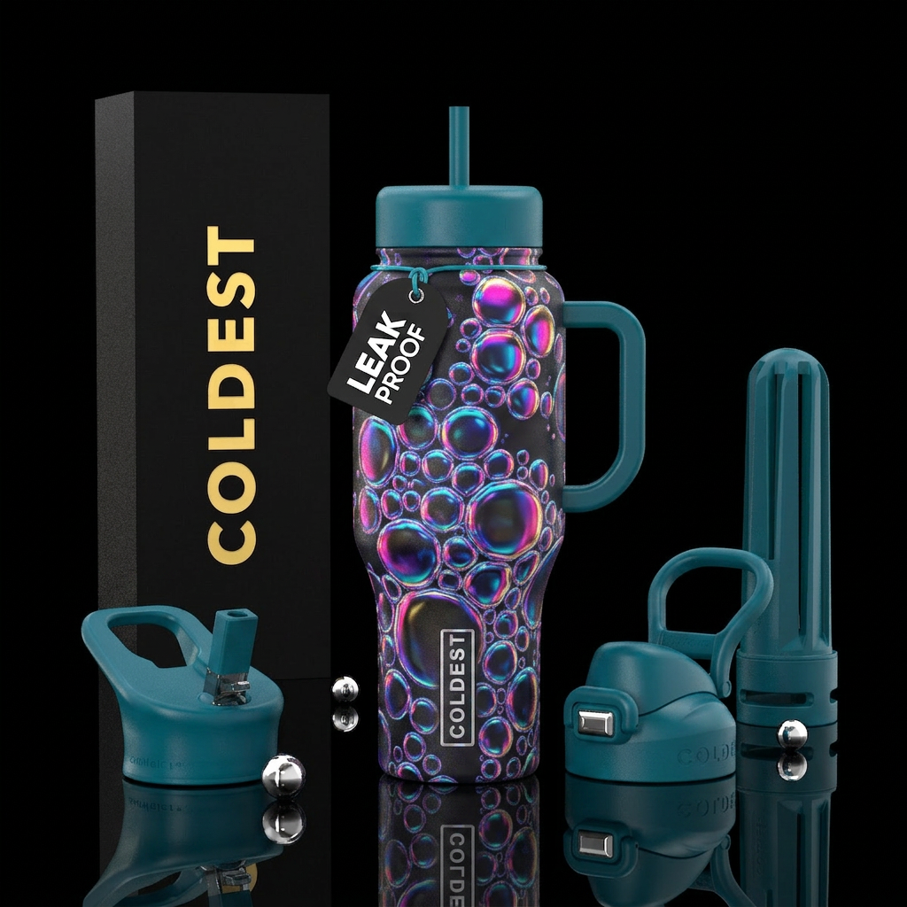Glowie iridescent bubbles water bottle design