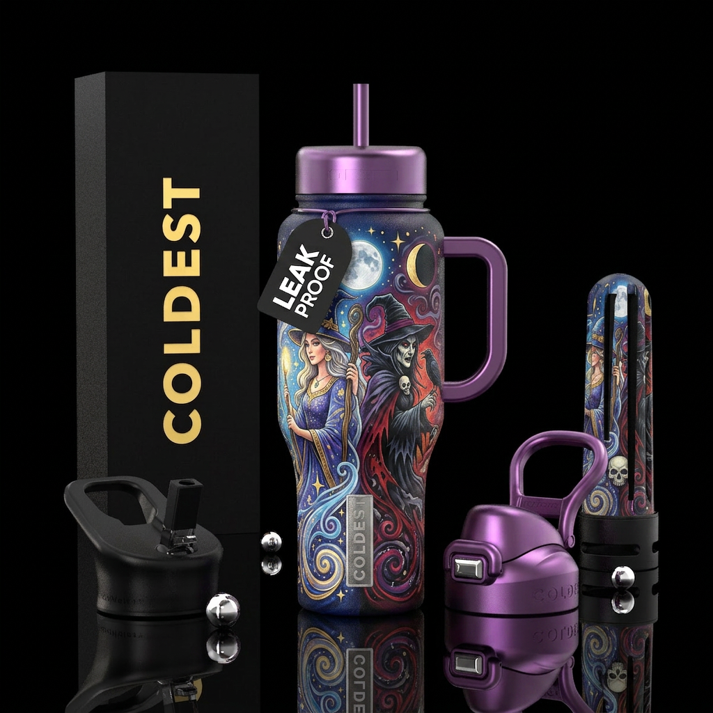 Good and bad witch water bottle design