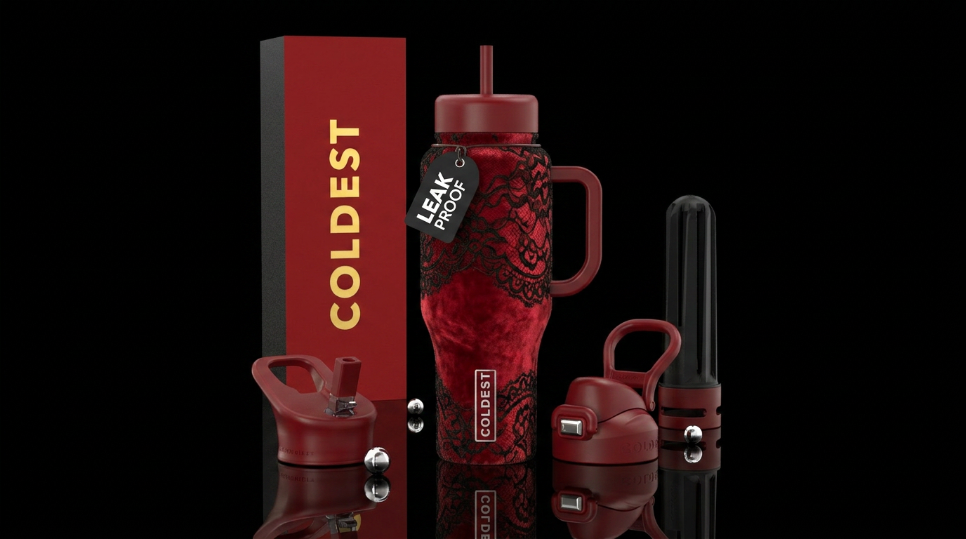 Red velvet background with black lace water bottle design