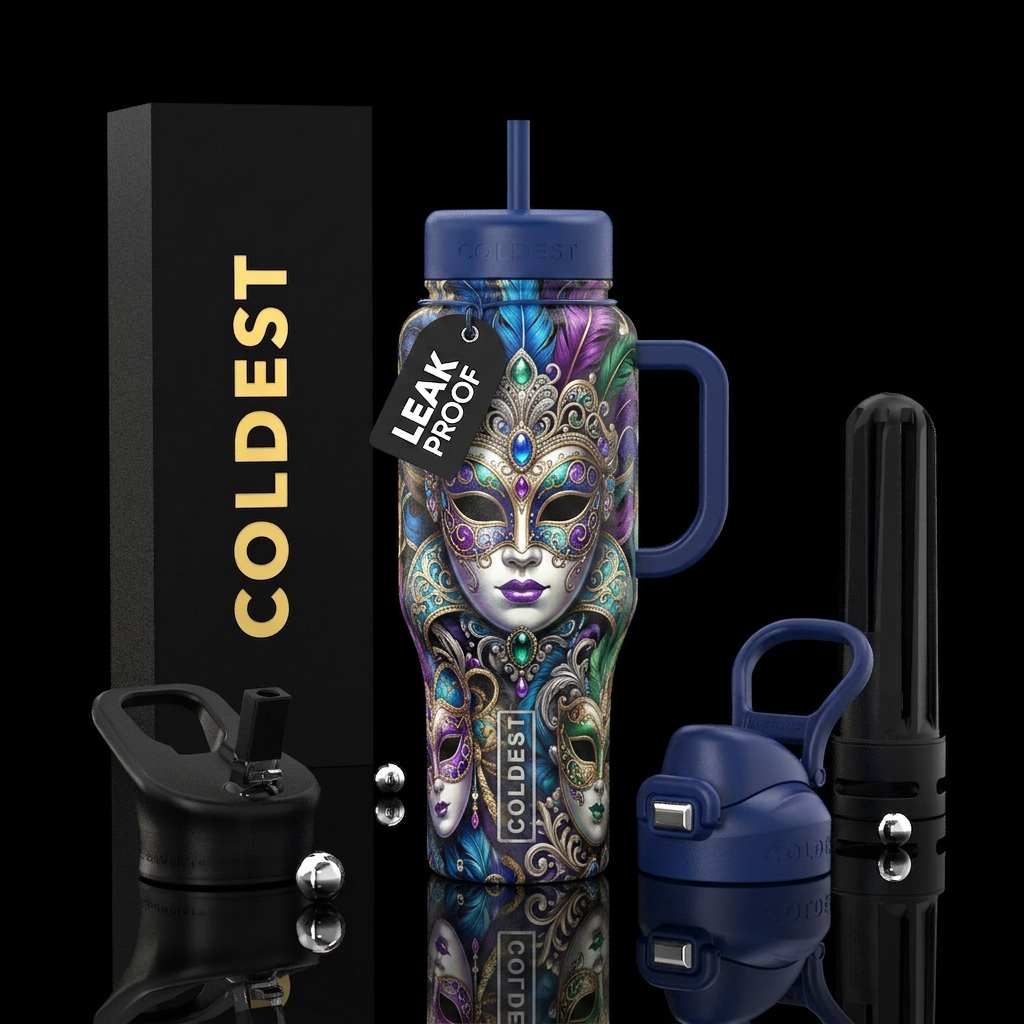Masquerade ball mask water bottle design