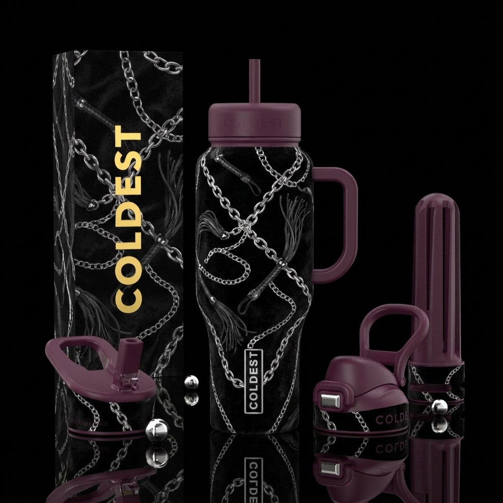 Black velvet background with whips and chains water bottle design