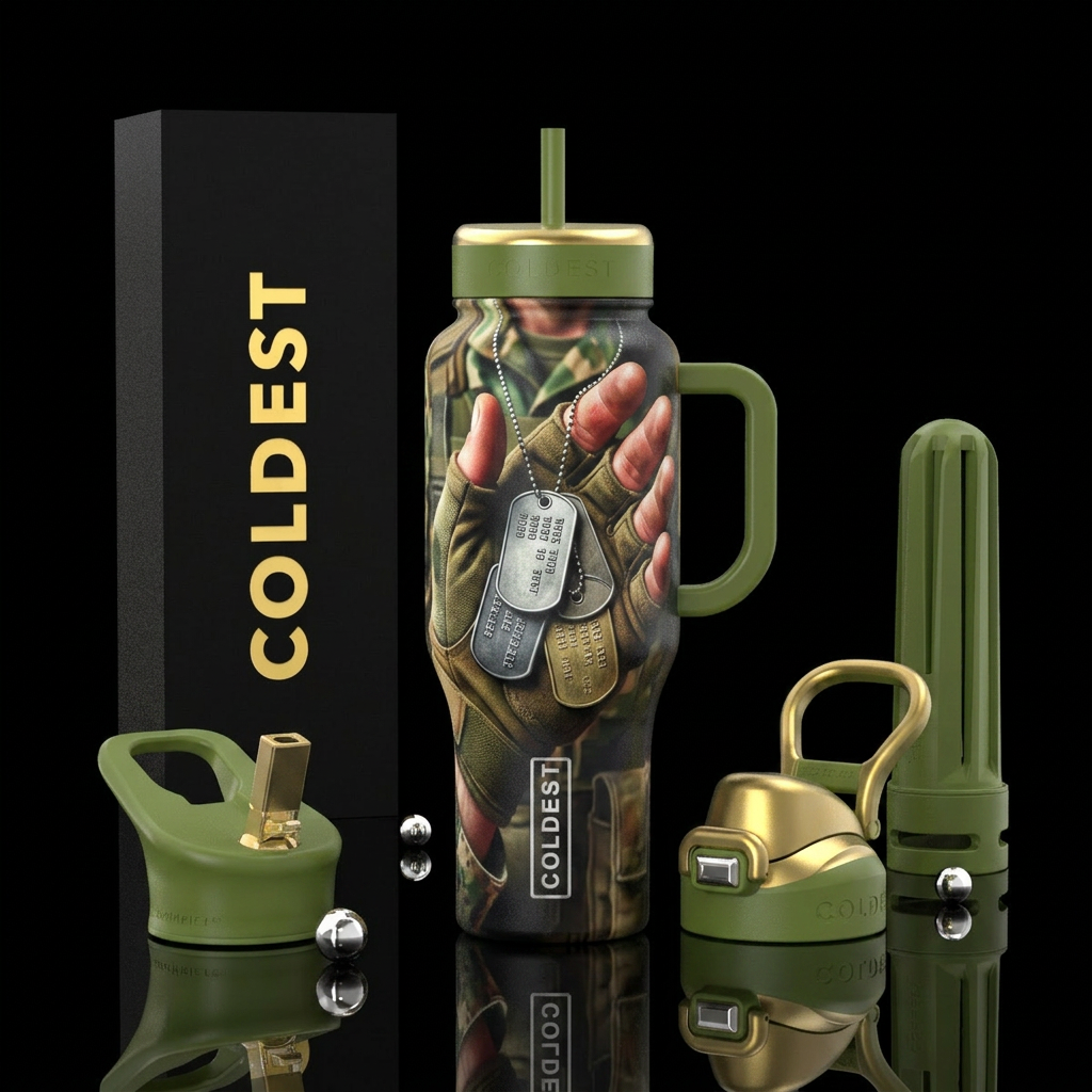 Dog tags in a soldiers hand water bottle design