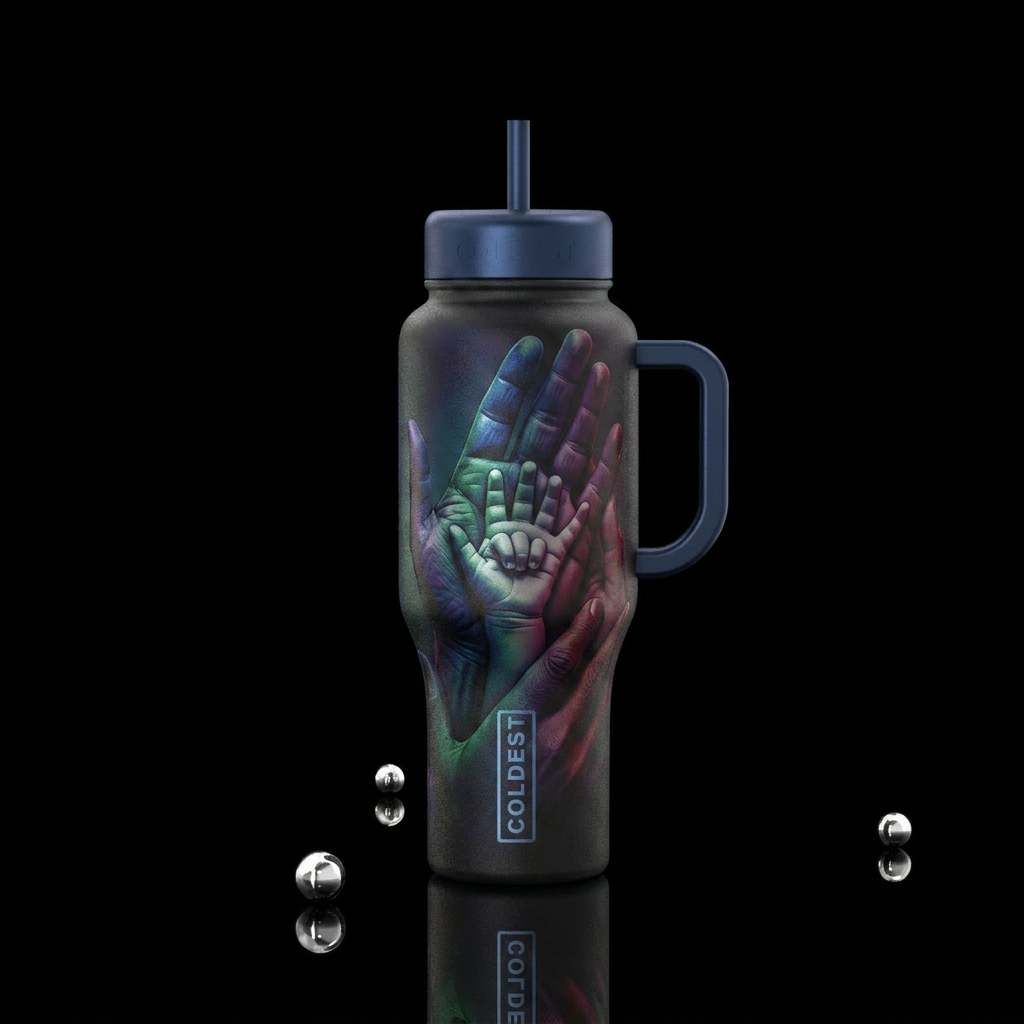 Child’s hand in parents hand over the years water bottle design