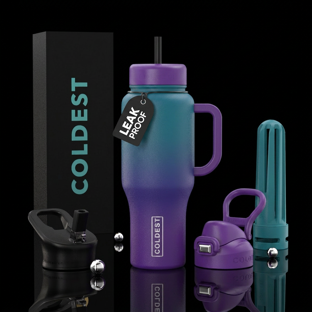 Teal and purple gradients water bottle design
