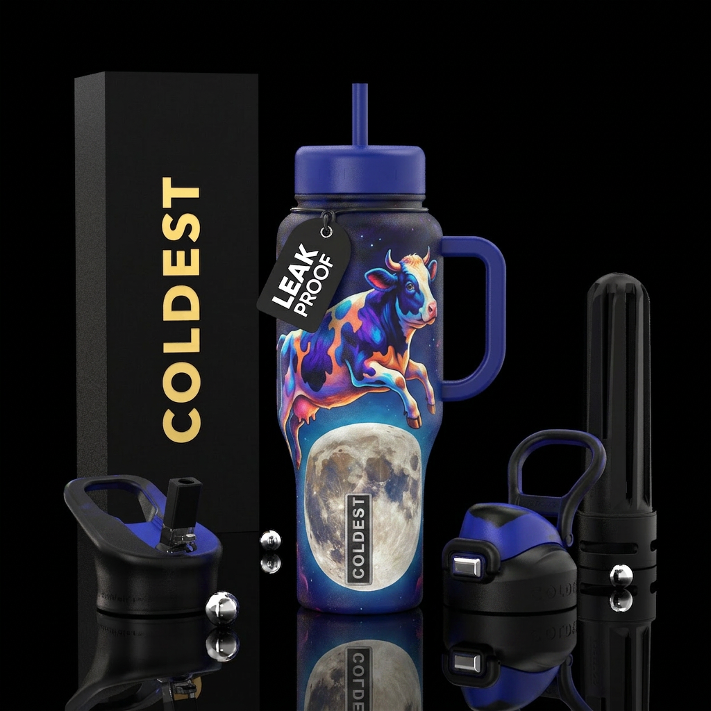 Cow jumping over the moon water bottle design