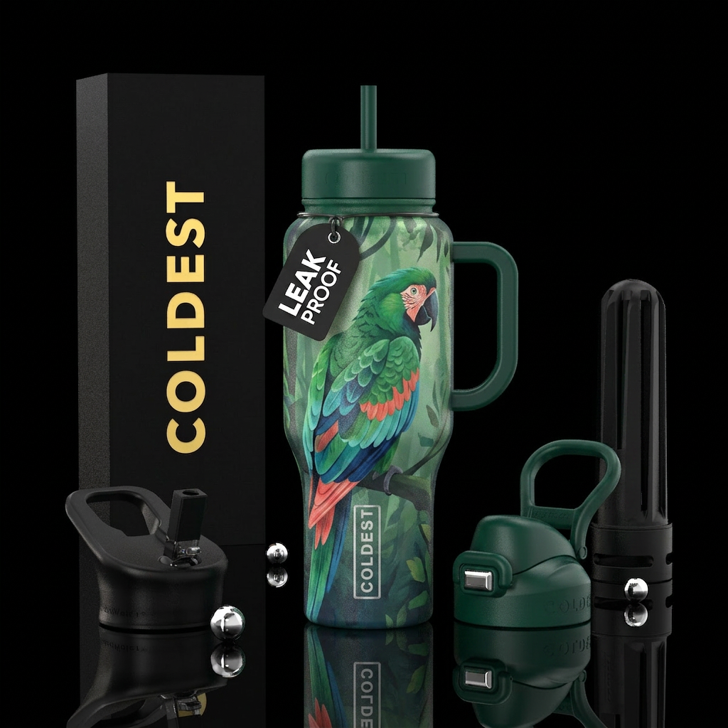 peaceful, understated, parrot water bottle design