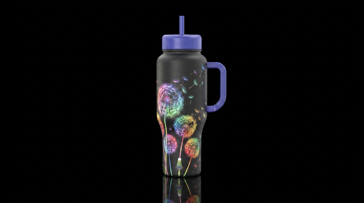 Multicolor dandelions blowing in the breeze water bottle design