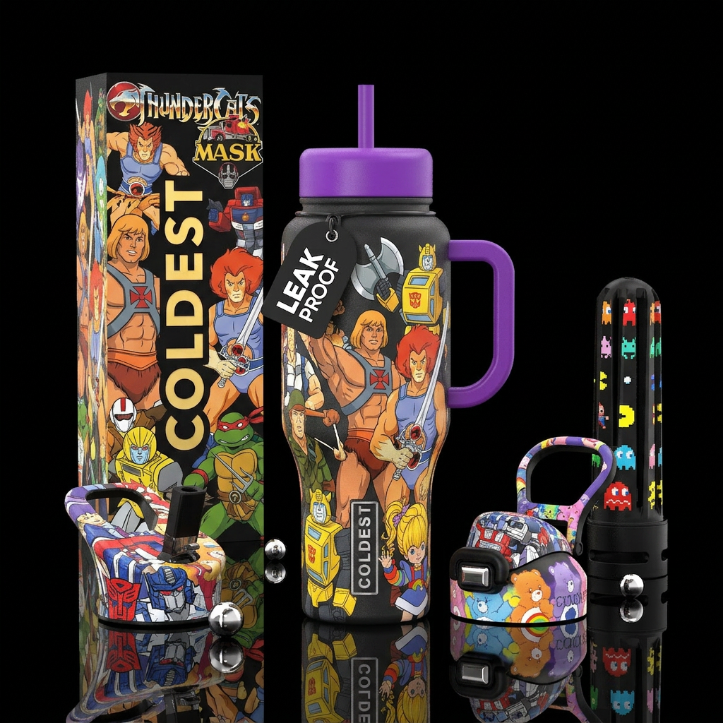 80s cartoons water bottle design