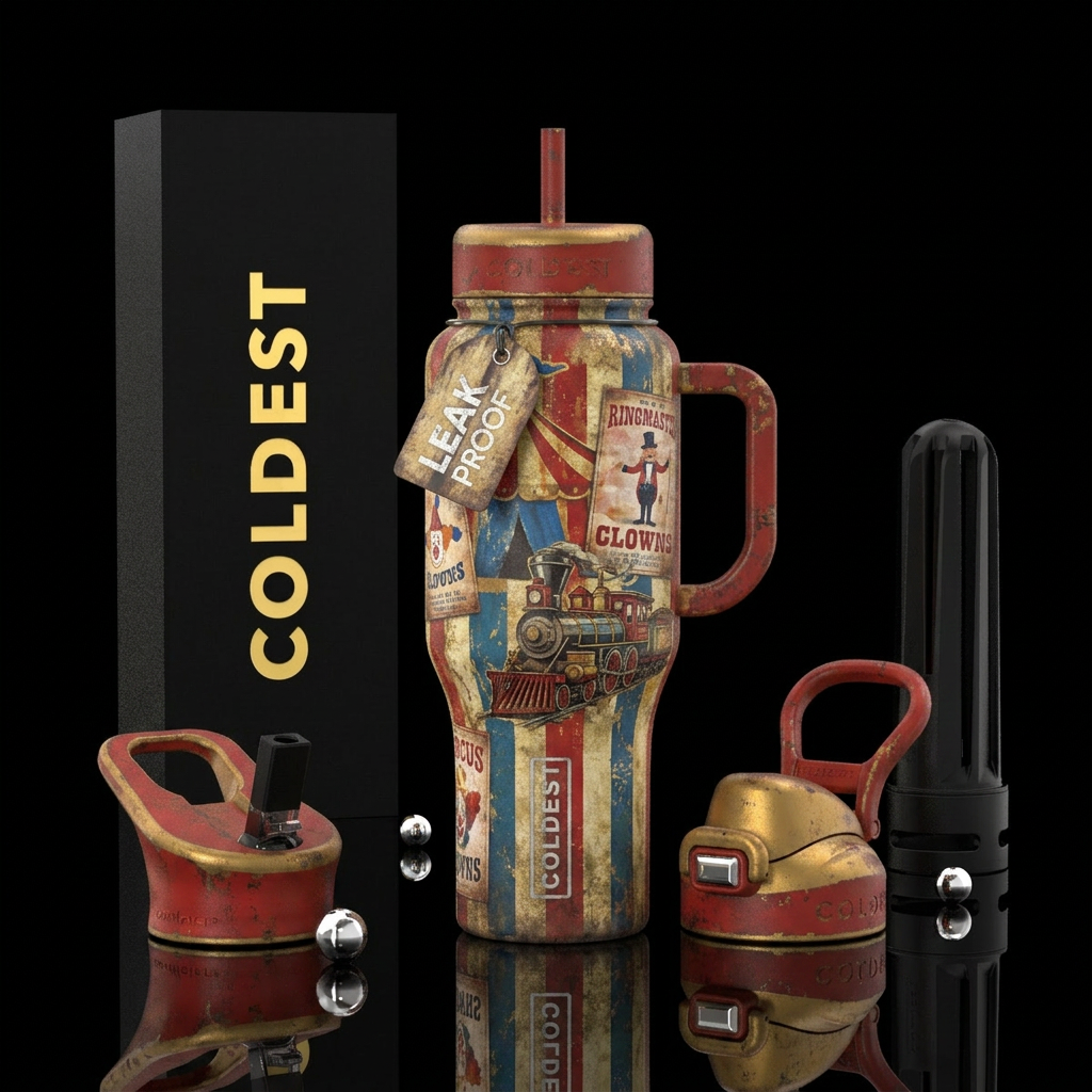 weathered, circus water bottle design