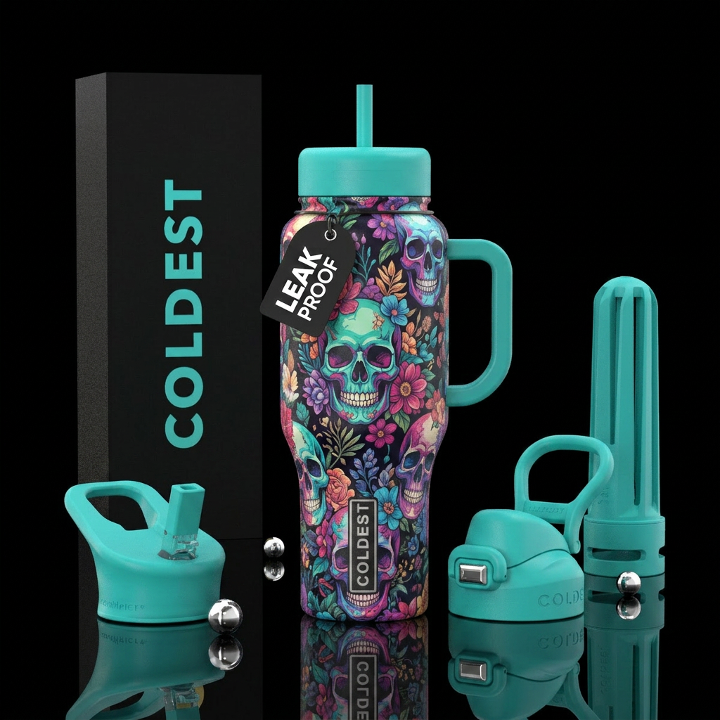 Skulls and flowers water bottle design