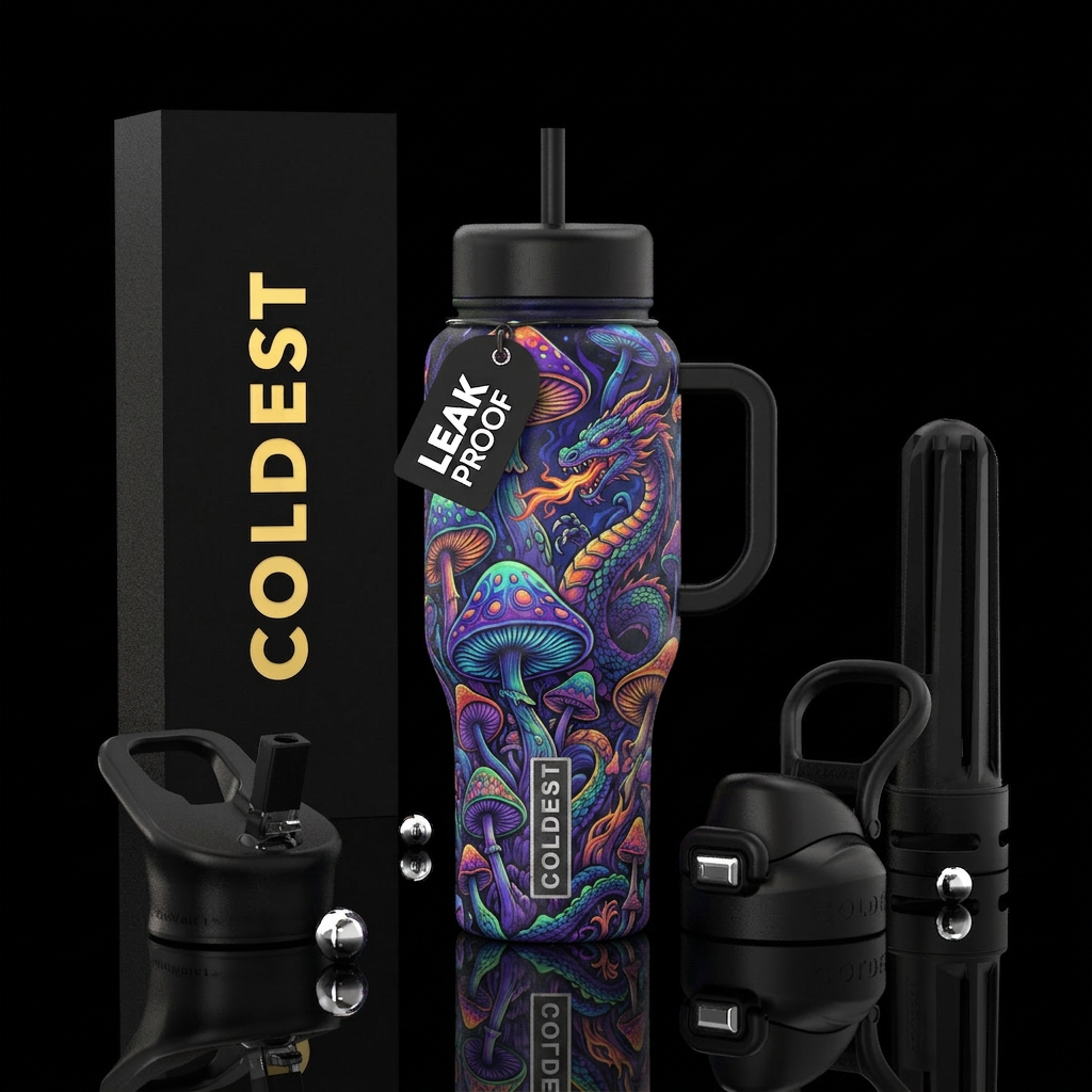 Psychedelic mushrooms and dragons water bottle design
