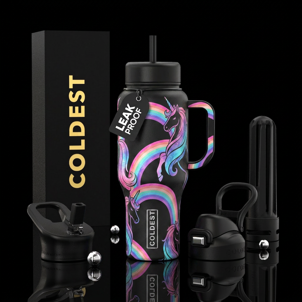 Unicorns and rainbows water bottle design