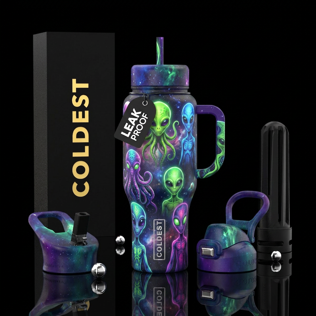 Glowing aliens water bottle design