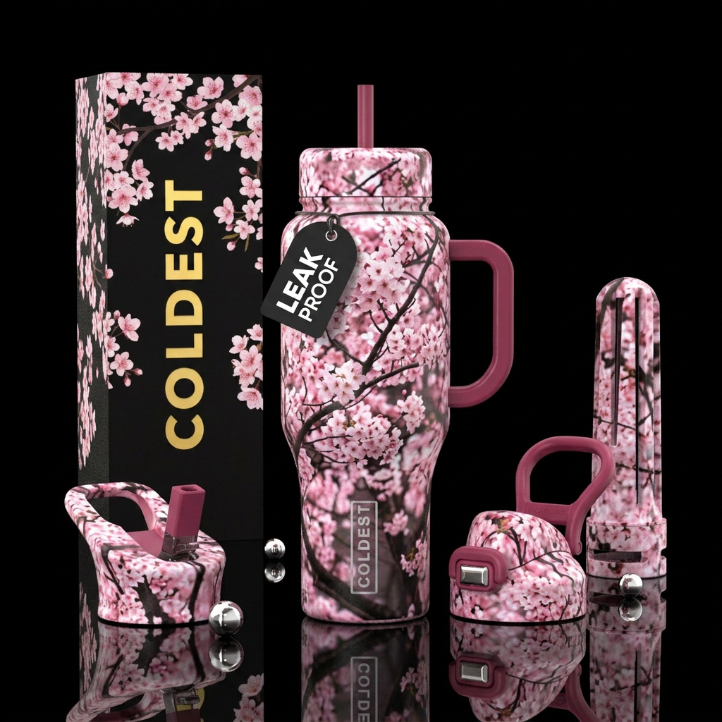 cherry blossom season, realism, happy mood water bottle design
