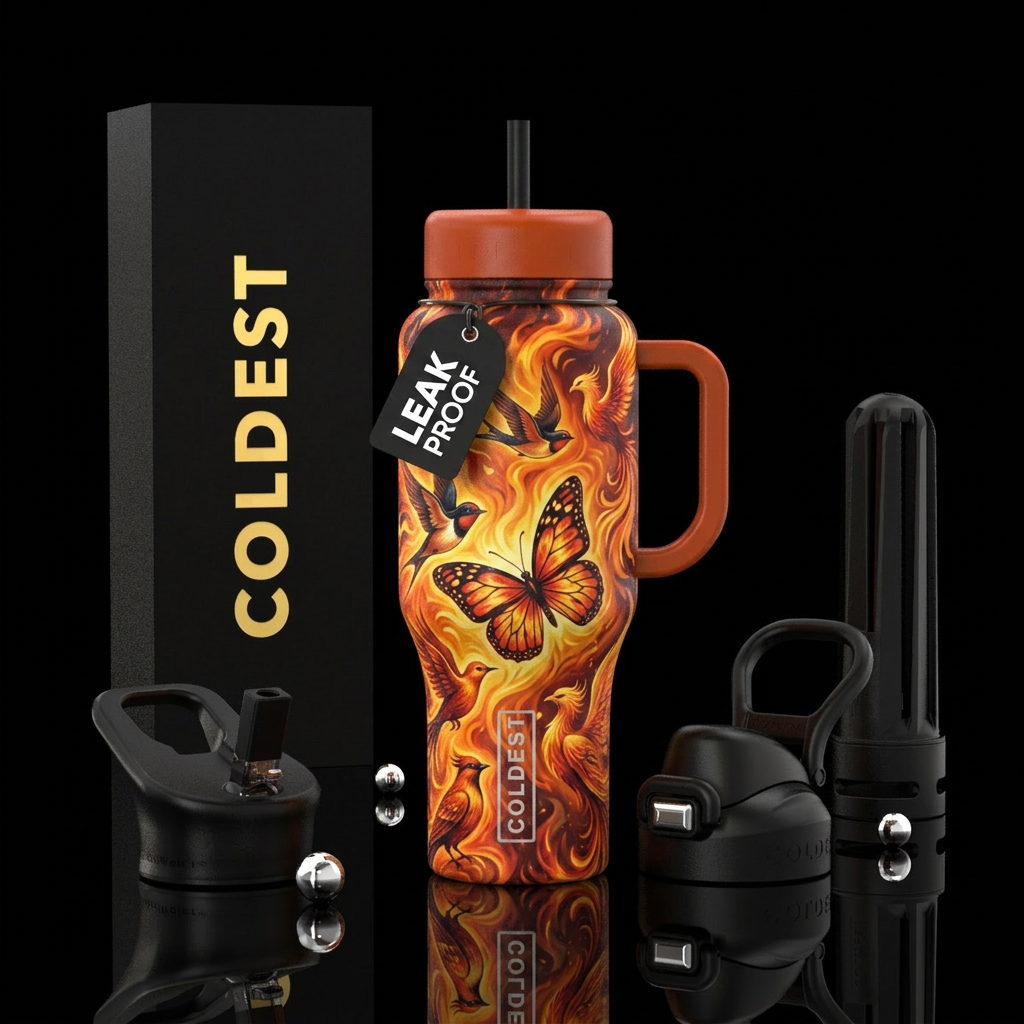 firery, birds, butterfly water bottle design