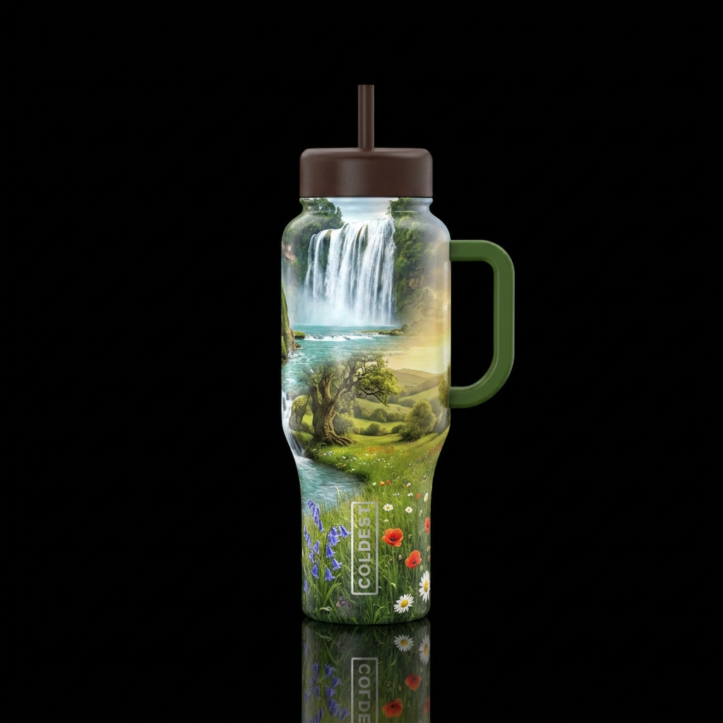 waterfall, peaceful, meadow, meadow water bottle design