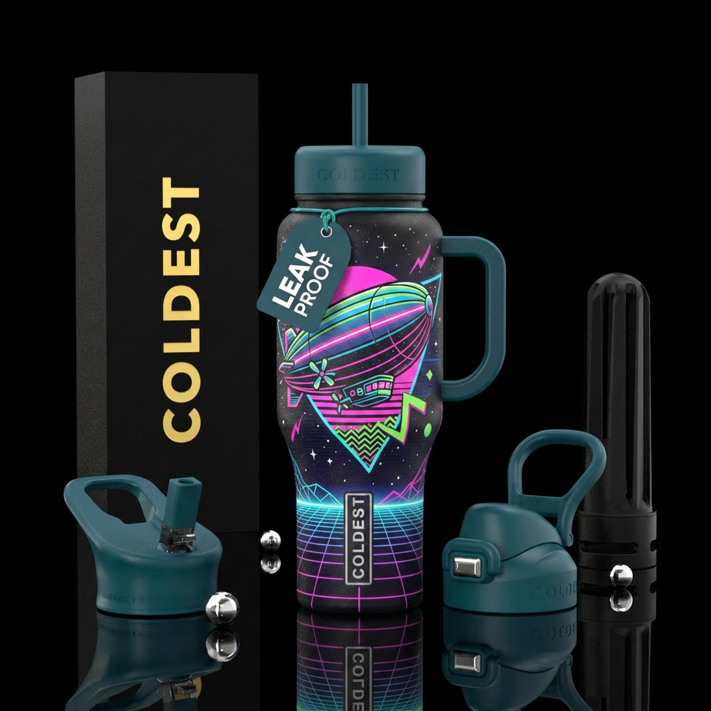 retro 80s, airship water bottle design